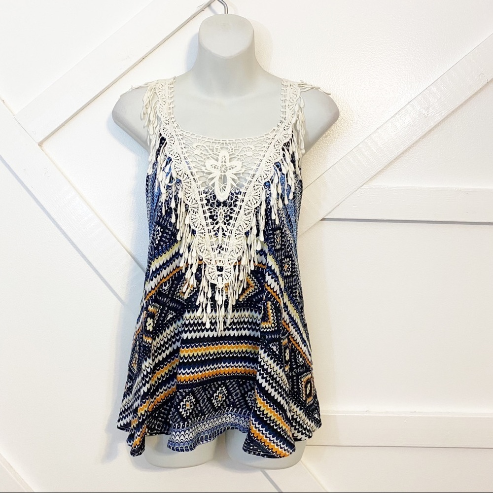 Raga Kiki Multicolor Boho Printed Floral Lace Flowy Tank Top Sz S